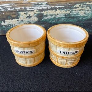 Monte Verde mustard ketchup bucket condiment jars hand painted 1982 Vintage